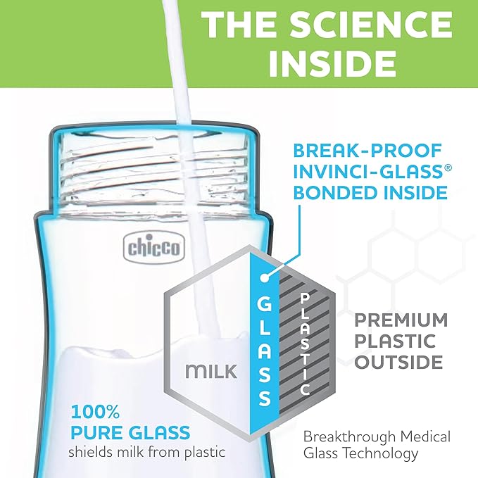Chicco Duo 9oz Hybrid Baby Bottle, Real Glass Inside, Lightweight Plastic Outside, Patented Invinci-Glass Technology, Intui-Latch Nipple, Clear/Grey