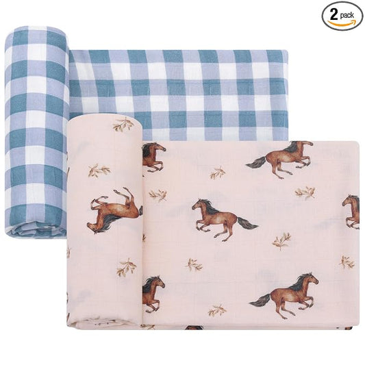 LifeTree Baby Swaddle Blankets, Boys Girls Muslin Swaddling Wrap Receiving Blanket for Newborn, 70% Viscose from Bamboo and 30% Cotton, Large 47" x 47", Horse and Blue Checkered Pattern
