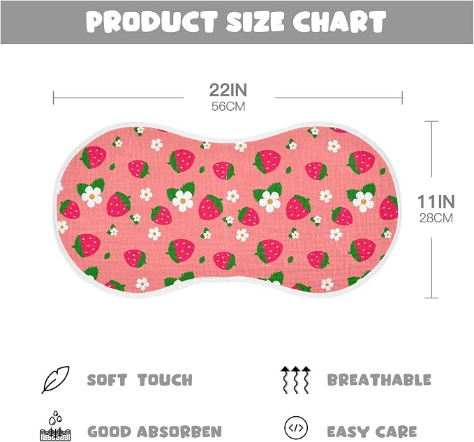 Muslin Burp Cloths for Baby Boys and Girls - 2-Pack Ultra Absorbent Strawberry Muslin Washcloths, Newborn Towel, Milk Spit Up Rags, Burp Cloth Bibs for Unisex, 22 x 11 Inch