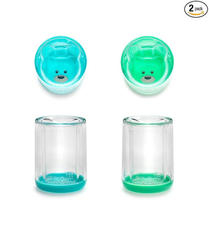 melii Double-Walled Bear Drinking Cup for Toddlers, Kids and Children (Blue + Mint 2 Pack)