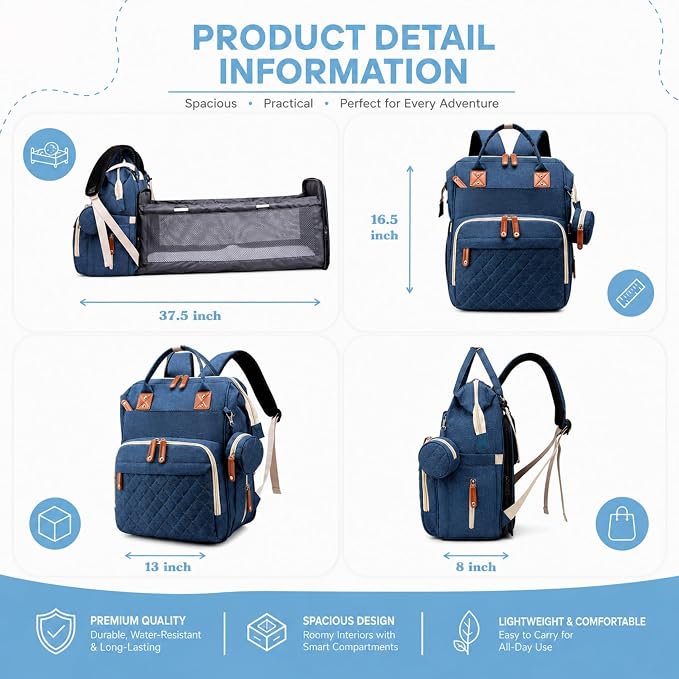 Baby Diaper Backpack with Changing Pad, Waterproof, USB Port, Large Capacity (Blue)