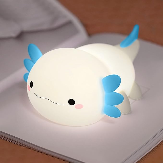 Axolotl Night Light, Nursery Lamp, 2-Level Dimmable, Touch Control, 20-Min Timer, Rechargeable, 100% Safe &Soft Silicone, Cute, Adorable, Soothing Ambiance, Gift for Kids, Blue
