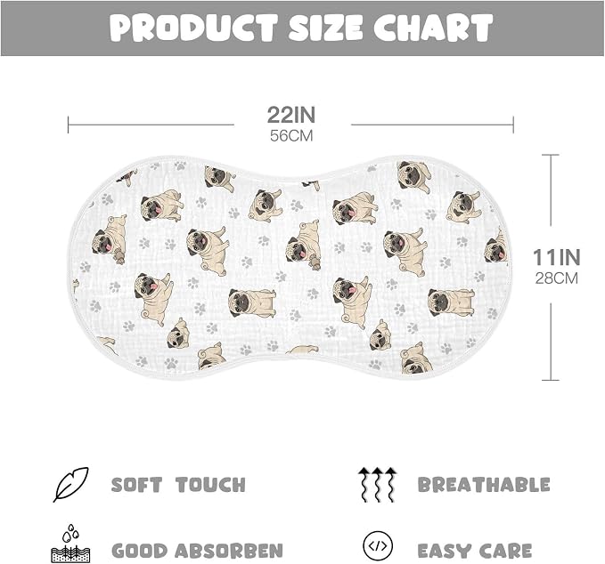 2 Pack Muslin Burp Cloths Pugs Dog Paw White Cotton Baby Burp Cloths Ultra Soft Burping Cloth Absorbent Spit Up Rags for Newborn Boys Girls 22x11 Inch