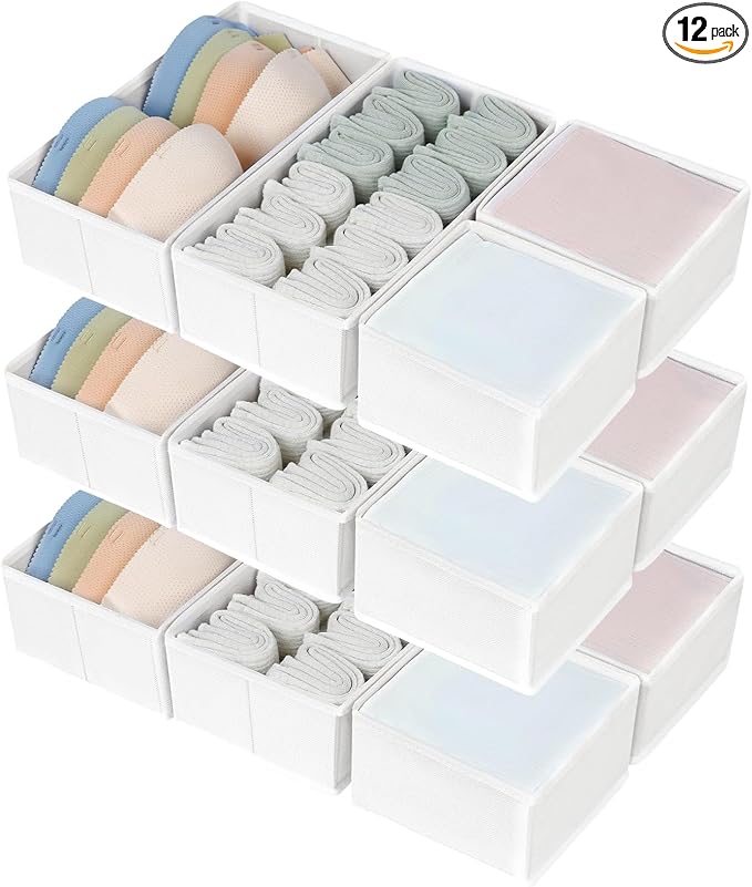 DIMJ Drawer Organizers Clothes, Set of 12 Dresser Organizer Bins, Fabric Closet Organizers and Storage, Shallow Drawer Dividers for Nursery, Clothing, Baby Clothes, Socks, Underwears, Tie (White)