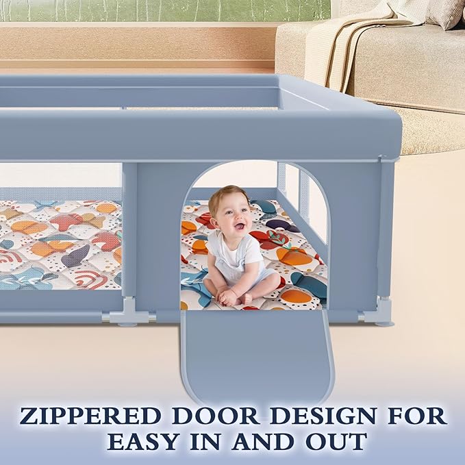 XVISHX 74 x 50 Inch Baby Playpen with Mat, Playpen for Babies and Toddlers, Baby Playard for Indoor & Outdoor Active Center Game Fence, with Skin-Friendly Fabric and Soft Breathable Mesh, Grey