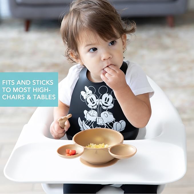 Bumkins Disney Baby Bowl, Silicone Feeding Set with Suction for Baby and Toddler, Includes Spoon, First Feeding Set, Essentials for Baby Led Weaning for Babies Eating 4 Months Up, Minnie Mouse Gold