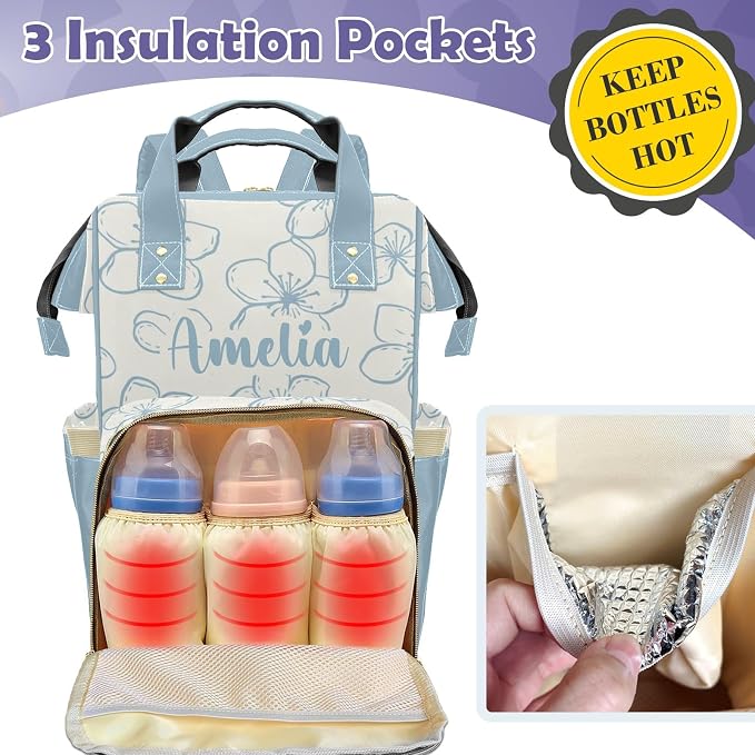 Custom Diaper Backpack, Upgraded Large Capacity Baby Changing Bag, Personalized with Name, Multifuction Mommy Backpack with Insulated Pockets for Boys Girls, Floral