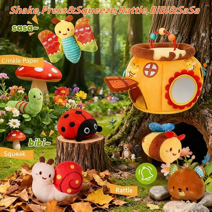 Baby Toys 6-12 Months- Surprise Soft Barn with Stuffed Animals, Rattle, Crinkle Paper, Squeaker, Mirror, Busy Montessori Soft Toys for Toddlers 0-3 Years Old, 1 Year Old Boy Girl Gifts