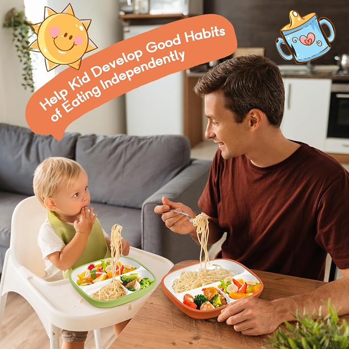 Domensi 3 Set Kids Porcelain Plates with Silicone Sleeves 8.2 Inch Divided Porcelain Plate Toddler White Suction Dishes for Baby Troubleless Eating Microwave Dishwasher Safe (Elegant)