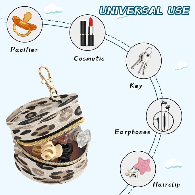 Pacifier Holder Leopard Print Pacifier Storage Case with Zipper & Metal Hook Buckle Portable Container for Baby Binky
