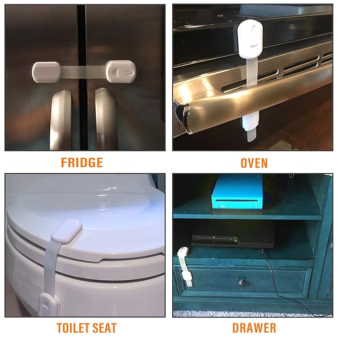 Goodv Child Safety Cabinet Locks - (10 Pack) Baby Proofing Latches to Drawer Door Fridge Oven Toilet Seat Kitchen Cupboard Appliance Trash Can with 3M Adhesive - Adjustable Strap No Drill No Tool