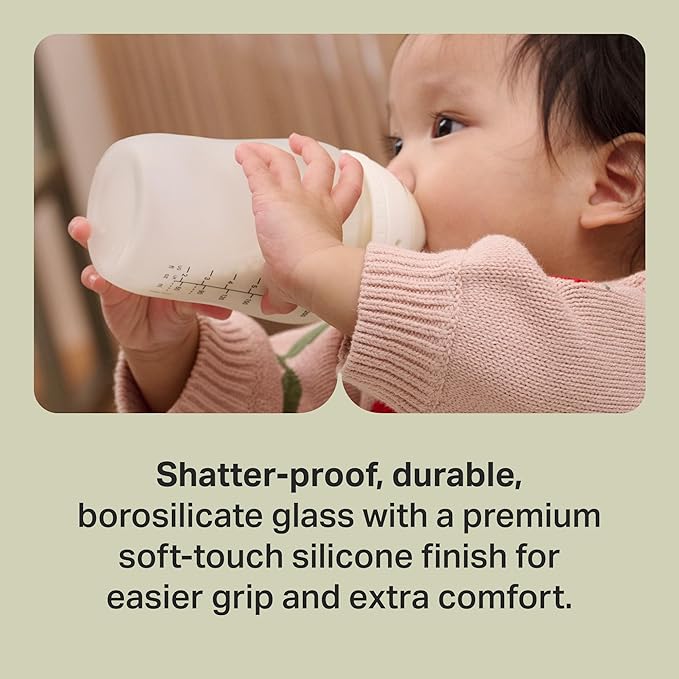 Tommee Tippee Silicone Coated Glass Baby Bottles for Feeding, 5 0z, Anti-Colic, 0+ Months, Slow Flow Breast-Like Nipple, Shatter-Proof Glass, BPA Free, Pack of 2