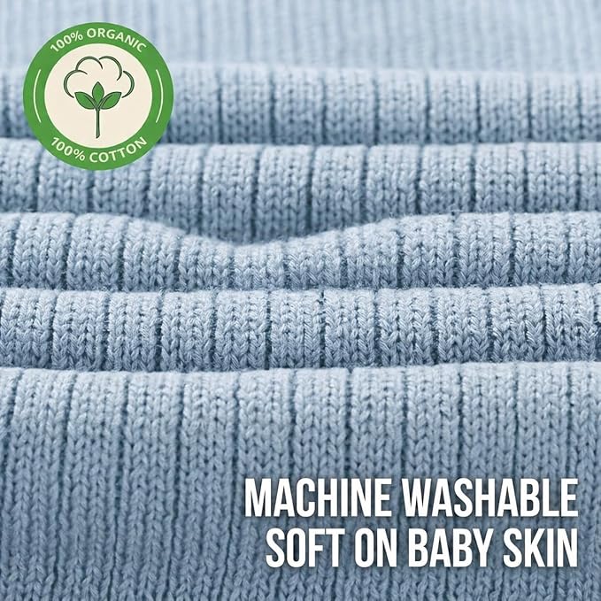 100% Organic Cotton Knit Receiving Baby Boy Blanket for Newborns - Soft, Breathable Swaddle Blanket for Crib & Stroller - Nursery Gift(Ribbed Baby Blue)