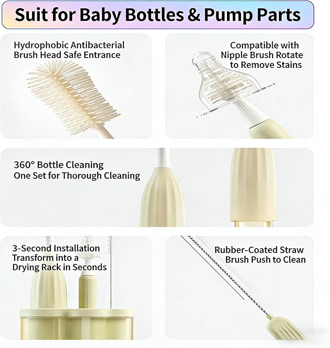 All-in-One Press-to-Foam Silicone Baby Bottle Cleaning Kit with Bottle Brush, Nipple/Straw Brushes, Tabletop Dring Rack, BPA Free for Baby Bottles, Breast Pumps,Small Appliances,Travel-Friendly