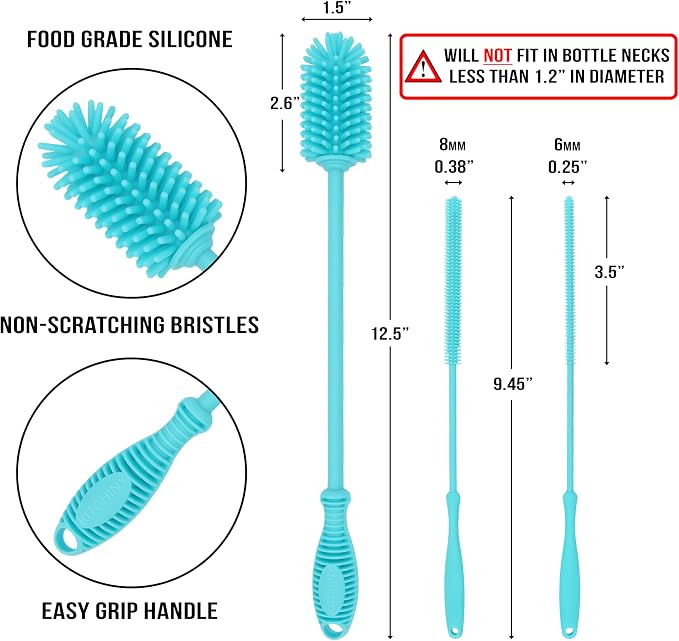 Kitchiny Silicone Bottle Brush with 2 Straw Cleaners - 12.5” Water Bottle Cleaner Brush for Yeti, Hydro Flask, Owala, Stanley, Baby Bottles, Glassware, Vases & Narrow Neck Containers - Blue
