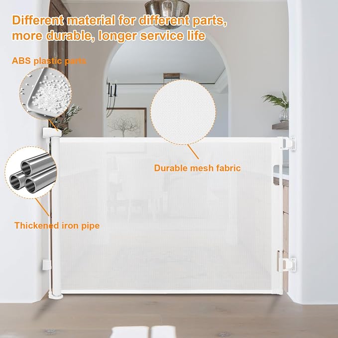 Retractable Outdoor Gate,Mesh Gate Outdoor for Babies and Pets 33.8" Tall Extends to 55.1" Wide, Retractable Mesh Gate for Doorways, Stairs, Hallways, Indoor/Outdoor(White)