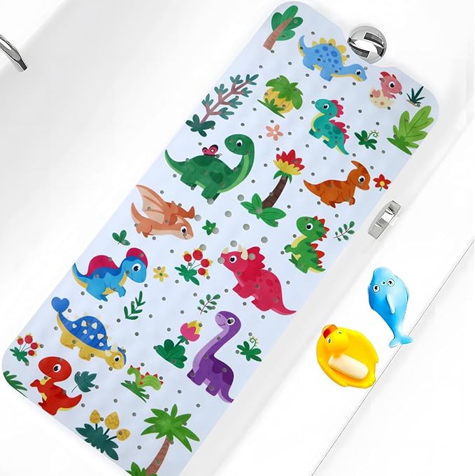 Baby Bath Mat for Tub Non Slip Kids Bathtub Mat Extra Long 40X16 Inch Toddler Bath Tub Shower Mat Anti Slip with Suction Cups & Drain Holes, Machine Washable (Forest Dinosaur)