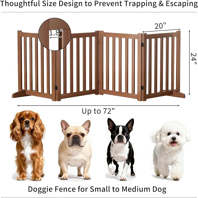 Wooden Freestanding Foldable Dog Gate, 24 Inch Height 4 Panel Pet Gate No Drill for Doorways Stairs, Fully Assembled Indoor Puppy Fence (Teak Color, 80" W x 24" H)