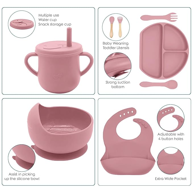 100% Silicone Baby Feeding Set,BPA Free Baby Dishes Set with Suction Bowl Divided Plate,Toddler Self Feeding Dish Set with Spoons Forks Sippy Cup and Bib, Baby Eating Utensils (Coral)