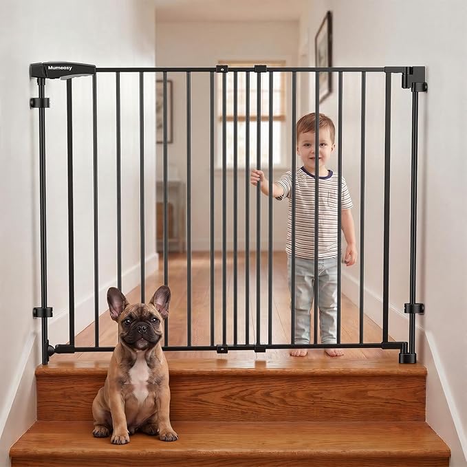 Mumeasy 36" Tall Baby Gate for Stairs, 29.5-43.3" Expandable Hardware Mounted (Drill Needed), Removable No Bottom Bar Dog Gate, Auto Close Wide Walk Thru Safety Gate for Doorways, Pets& Toddlers,Black
