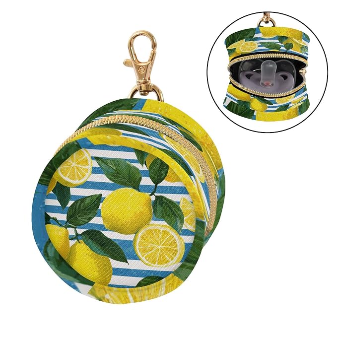 Pacifier Holder with Clip Pacifier Case for Diaper Bag Round Baby Pacifier Pouch Box Bag Portable Blue Striped Summer Lemons