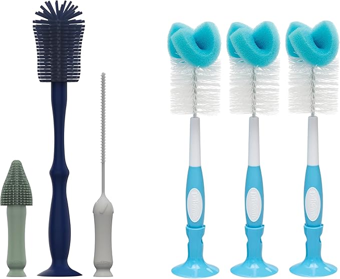 Dr. Brown's Silicone Cleaning Brush Set with Bottle, Spout, and Straw Brush, 3-Pack + Baby Bottle Sponge Brush, Blue, 3-Pack