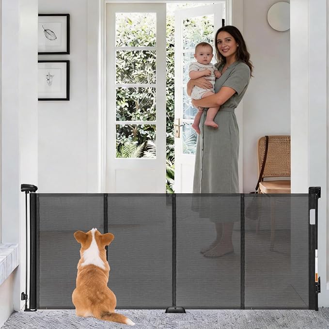 Reinforced 71" Wide Retractable Gate with Reinforced Strips, Indoor/Outdoor Retractable Dog Gate for Doorway Prevent Bottom Drilling Through, Safety Mesh Gate, Black