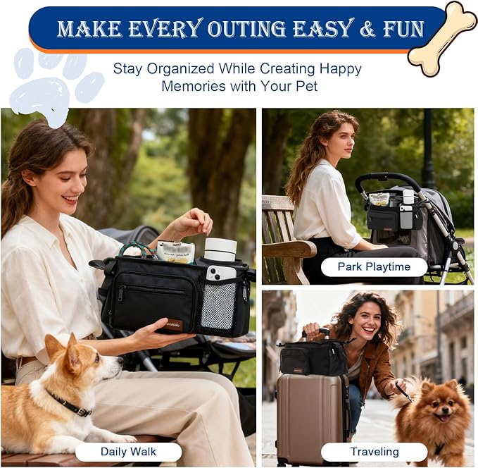 Dog Stroller Organizer Bag, Dog Mom Gifts for Women Pet Stroller Caddy, Stroller Accessories with Cup Holder, Poop Bag Dispenser, Pockets for Dog Essentials, Fits 14??9" Handles, Dog Mom Gift Ideas