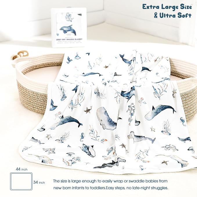 GRSSDER Baby Blankets Super Soft Jersey Knit Swaddle Blanket for Baby Girls and Boys, Double Layer Receiving Blankets 34 x 44 Inches, Extra Large for Baby Swaddling, Sea Fish