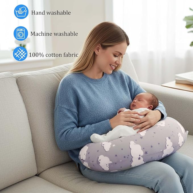 Nursing Pillow, Breast Feeding Pillows for Women, Removable Cotton Cover with Breathable Firm Fill, Baby Feeding Pillow for 0-12 Months, Breastfeeding Pillows, Machine Washable (Clouds)