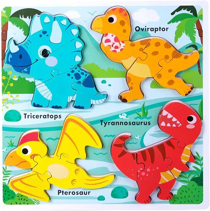 Wooden Educational Jumbo Base Jigsaw Puzzle 1-3 Montessori Dinosaur Toys for 2 3 Years Old Boy Girls Kids,Toddler Toys Ages 2-4,Preschool Wood Dino Learning Gifts for Boys