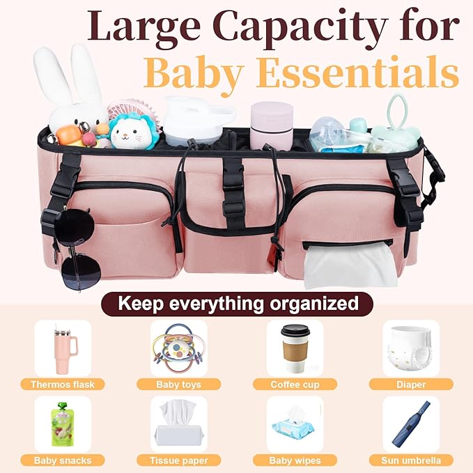 GDNasist Double Stroller Organizer Compatible with Bob Duallie and Baby Jogger City Mini GT2, Double Baby Stroller Accessories with Cooler Bag, Parent Console Double Jogging Stroller Caddy, Pink