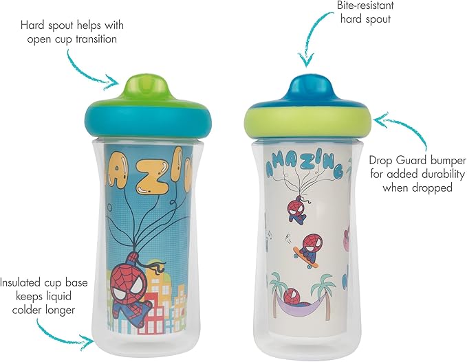 The First Years Marvel Insulated Sippy Cups - Spill Proof Insulated Toddler Cups with Bite-Resistant Hard Spout - 9 Ounces - 2 Count
