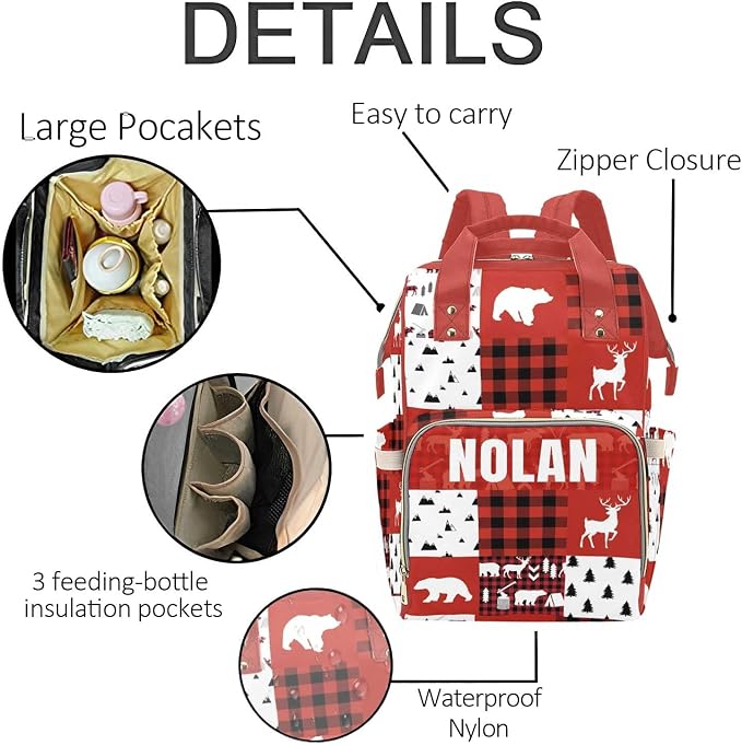 Personalized Woodland Deer Bear Diaper Bag with Name – Custom Baby Bag, Nursing Tote Backpack for Mom, Custom Name Mommy Daypack, Shower Gift for Baby