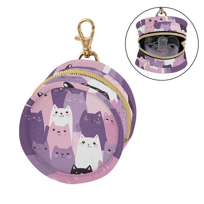 Pacifier Holder with Clip Pacifier Case for Diaper Bag Round Baby Pacifier Pouch Box Bag Portable Pink and Purple Cats