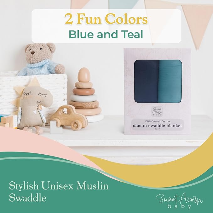 Muslin Swaddle Blanket ??Soft Cotton Muslin Baby Blanket for Newborns, Infants, and Toddlers, All-Season Comfort Baby Essential - Blue, Teal