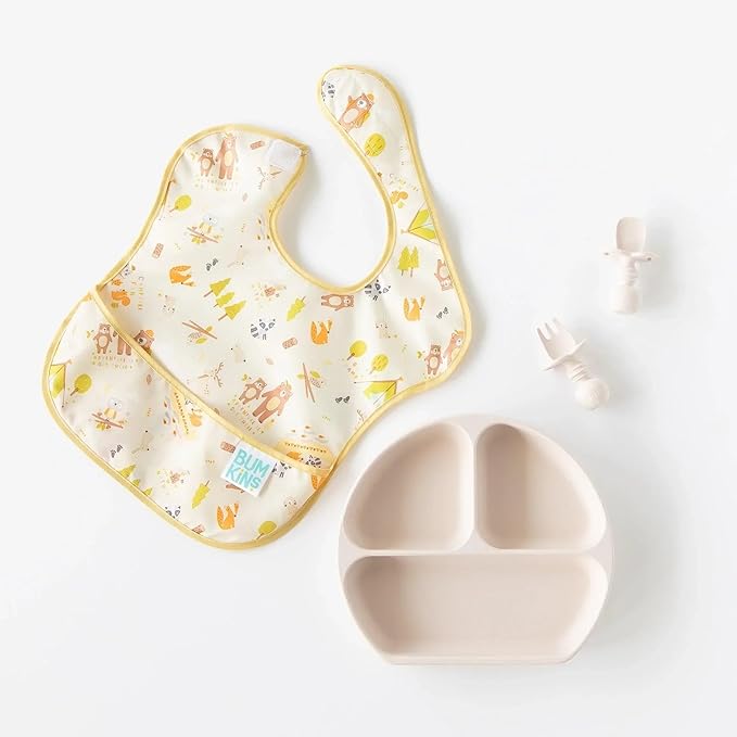 Bumkins Bibs for Girl or Boy, SuperBib Baby and Toddler 6-24 Months, Essential Must Have for Eating, Feeding, Baby Led Weaning Supplies, Mess Saving Catch Food, Waterproof Fabric 3-pk Happy Campers