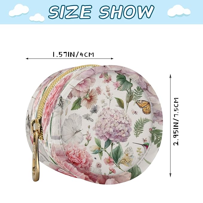 Pacifier Holder with Clip Pacifier Case for Diaper Bag Round Baby Pacifier Pouch Box Bag Portable White Hydrangeas Hummingbirds Butterflies Spring