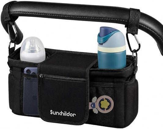 Universal Stroller Organizer with Deep Cup Holder, Instant Wipe Access & Detachable Shoulder Strap, Stroller Caddy Bag Fit for Uppababy, Nuna, Black