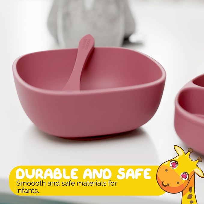 Baby Led Weaning Supplies by Muqee Peeko with Baby Suction Plate, Suction Bowl and Baby Spoons Self Feeding 6+ months in Warm Vanilla Beige Color (3 Piece Set)