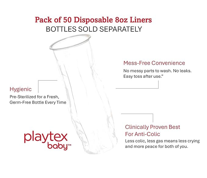 Playtex Baby Nurser Pre-Sterilized Disposable Drop-Ins Baby Bottle Liners, 8 Oz (50 Count), Anti-Colic, Gas Reduction, Easy to Clean, Closer to Breastfeeding, Perfect for Travel and On the Go