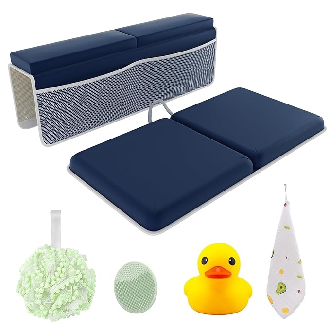 Sleepah Bath Kneeler and Elbow Kneeling Rest Pad Set for Baby Bathing – Waterproof Soft Memory Foam Mat Organizer Babies & Toddler Bathing Time Toys Sponge (Blue)