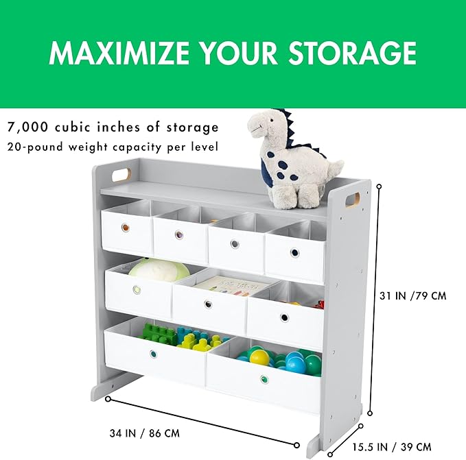Humble Crew Toy Storage Organizer with Top Shelf and 9 Fabric Bins, Grey/White ??Toddler Bookshelf with Toy Organizer - Modern Toy Rack Ideal for Kids' Rooms, Playrooms, and Nurseries