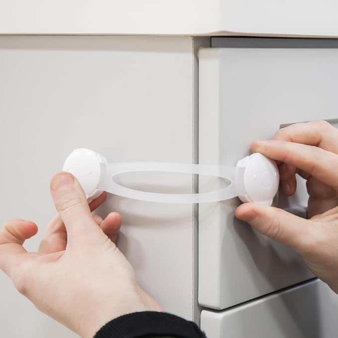 Regalo 3 Pack Child Safety Cabinet Locks, No Drill Adhesive Baby Proofing Latches for Drawers, Fridge and Cabinets, Multi-Purpose 3M Straps, White