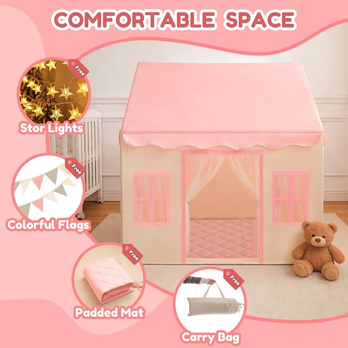 WIRHAO Large Kids Tent with Padded Mat Playhouse with Large Space for Toddlers Indoor Kids Play Tent for Girls Boys with Stars Lights, Carry Bag, Banner Flag (Pink)