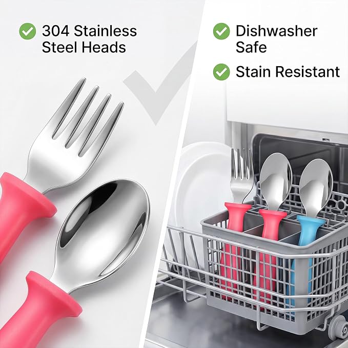 Pimoys 6 Pieces Toddler Utensils Forks and Spoons Kids Silverware Set Stainless Steel Toddler Silverware - Plastic Handle for Self-Feeding Training Daily Meals and Travel Use Dishwasher Safe