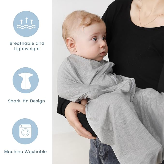 ZIGJOY Shark-Fin Transition Swaddle for Newborn - 0.5 Tog Rayon Made from Bamboo Sleep Sack Baby Swaddle Blanket with 2-Way Zipper, Hemp Grey