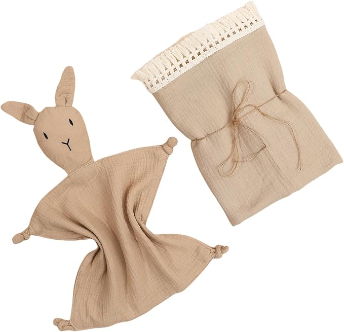 Cotton Muslin Baby Blanket with Tassel,Bunny Lovey Security Blanket,Soft Breathable Nursery Decor,Nursing Cover for Newborn Infant Toddler 47"x47"(Beige)