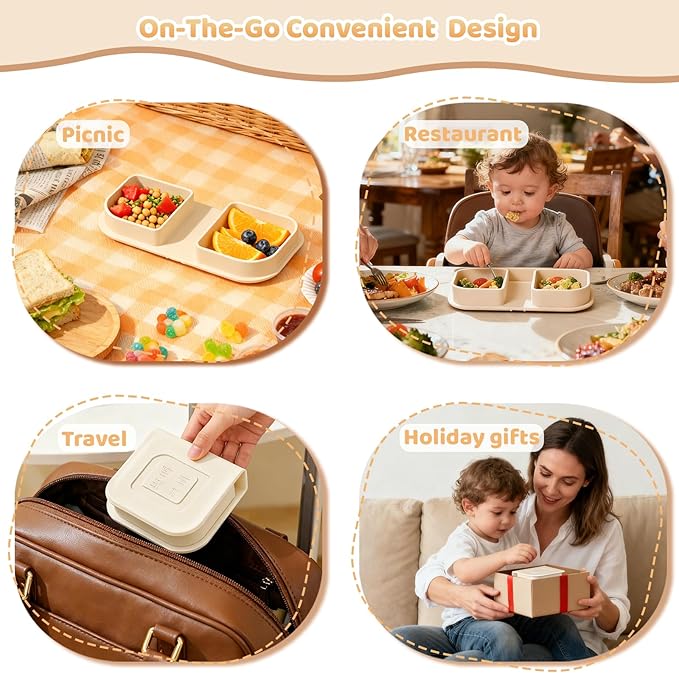 Beige Travel Silicone Foldable Feeding Set, On-the-Go Baby Feeding Supplies Including Toddler Plates, Silicone Baby Spoon&Fork, Adjustable Foldable Bib, Portable Infant Toddler Utensils