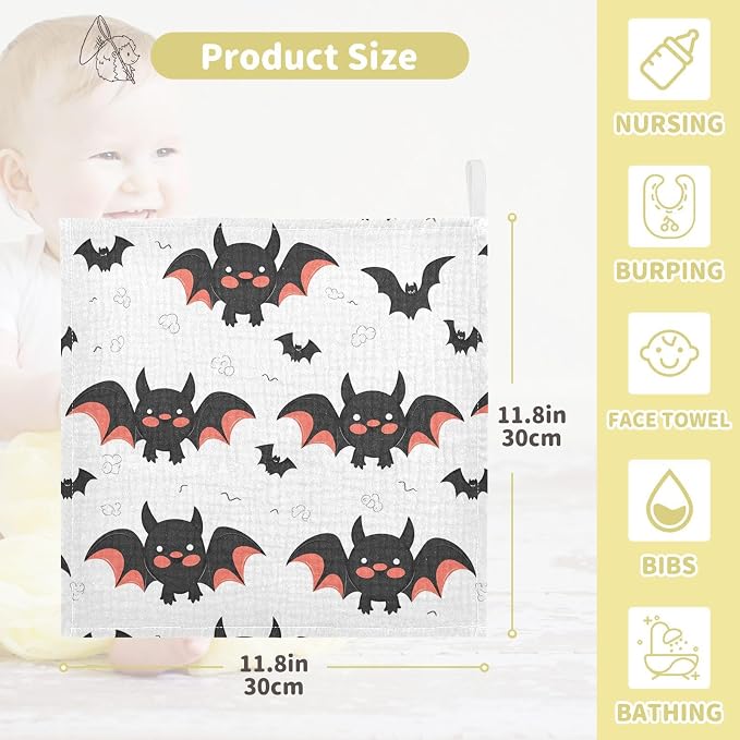vvfelixl Cute Bats Cartoon Baby Burp Cloths Baby Muslin Washcloths for Boys Girls Cotton Baby Face Towel for Newborn Infants Soft and Absorbent 11.8 X 11.8 in, 5 Pack